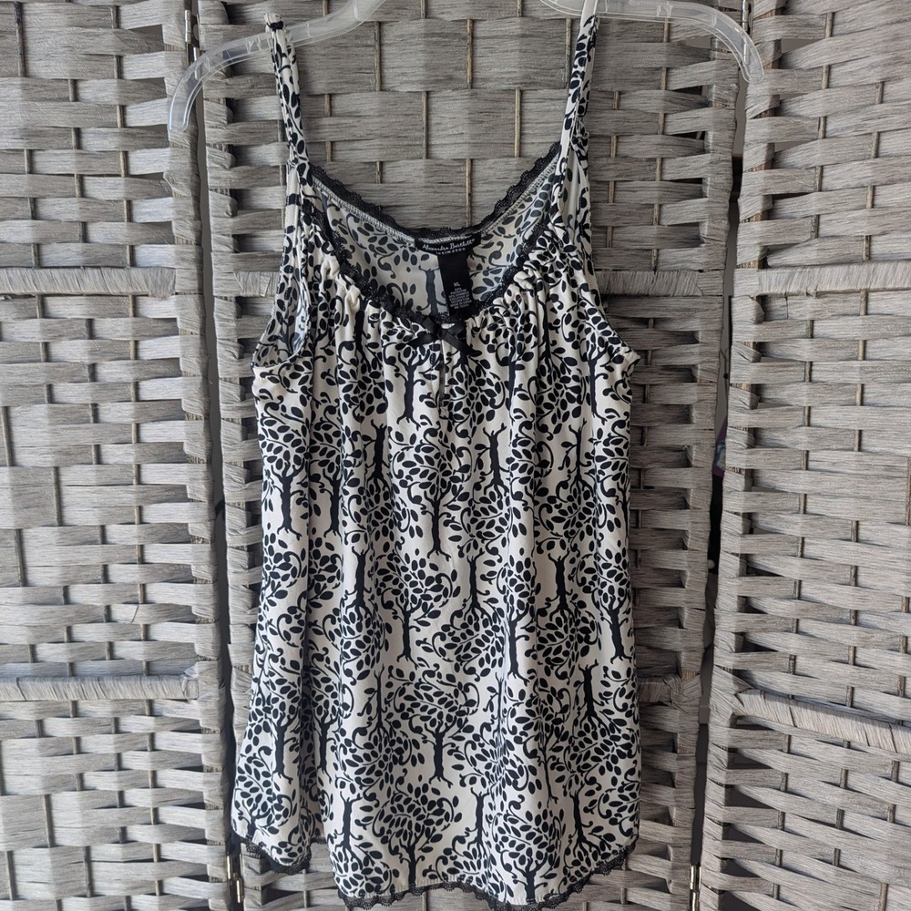 Alexandra‎ Bartlett Intimates Camisole Top Black White Tree Print Lace Trim XL